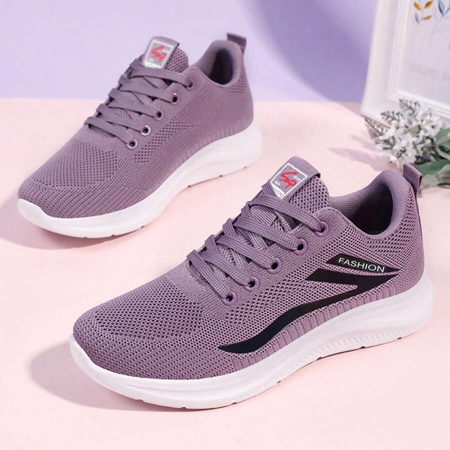 女士针织运动鞋、轻便健身跑步和网球鞋、透气低帮运动鞋、四季休闲系带鞋 - 淡紫色 - 查看 1