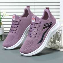 女士针织运动鞋、轻便健身跑步和网球鞋、透气低帮运动鞋、四季休闲系带鞋 - 淡紫色 - 查看 3