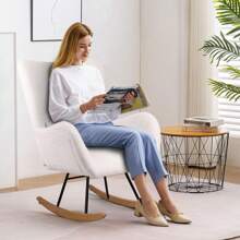 Nursery Rocking Chair, Teddy Upholstered Rocking Chair Indoor With High Backrest Rocking Accent Chair, Pink Padded Seat Nursing Chair With Headrest Comfy Chair For Bed Room - 白色 - 查看 7