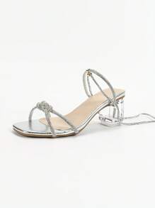 Damen Mode Sandalen mit quadratischer Zehenkappe, Kristall Plateauabsatz, Riemchenschuhe im römischen Stil mit Strass, charmant für Party/Nachtclub, vielseitiger silberner Schuh für Valentinstag