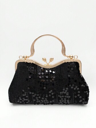 1pc Velvet Black Clutch Bag Decorated With Black Sequin, Floral Motif And Rhinestones, Vintage Elegant Minimalist Style Evening Bag Suitable For Bride, Weddings, Parties, Formal Events, Gift For Mom, Teachers, Girls, Holiday