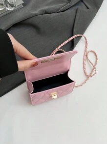 迷你方形包新款女士手提包，菱格纹绗缝高品质单肩包，编织链条翻盖小号斜挎口红包，可爱配饰包，粉色，卡哇伊 - 粉色 - 查看 9