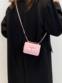 迷你方形包新款女士手提包，菱格纹绗缝高品质单肩包，编织链条翻盖小号斜挎口红包，可爱配饰包，粉色，卡哇伊 - 粉色 - 查看 5