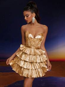 Đầm dạ hội gợi cảm Anymoon, kiểu dáng cúp ngực, xếp lớp, phù hợp cho các lễ hội âm nhạc, lễ tốt nghiệp, tiệc tùng, tiệc cocktail và nhiều dịp khác, đầm dự tiệc, đầm dự đám cưới, đầm thanh lịch mùa xuân. - Vàng - Xem 8