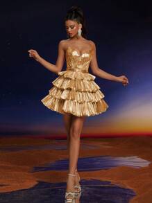 Đầm dạ hội gợi cảm Anymoon, kiểu dáng cúp ngực, xếp lớp, phù hợp cho các lễ hội âm nhạc, lễ tốt nghiệp, tiệc tùng, tiệc cocktail và nhiều dịp khác, đầm dự tiệc, đầm dự đám cưới, đầm thanh lịch mùa xuân. - Vàng - Xem 5