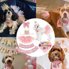 1 Set Of Birthday Dog Party Supplies - Dog Birthday Pet Girl Set Dog Birthday Bandage - Pink Skirt Crown Hat Scarf Happy Birthday Banner (Pink, Large)