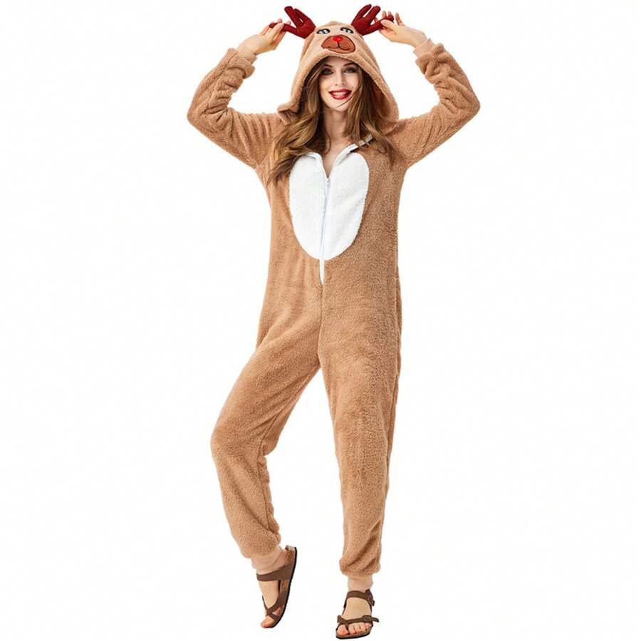 Women Reindeer Costume Christmas Cosplay Reindeer Long Sleeve Zip Up Plush Jumpsuit Pajamas - Khaki - View 1