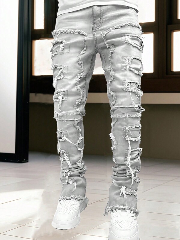 Men's Fashion Street Style Layered Frayed Hem Jeans