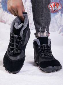 男士冬季骑行鞋户外鞋休闲保暖冬鞋女士冬季高帮旅游鞋雪地靴保暖防风重型工作靴厚高帮雪地靴 - 黑色 - 查看 2
