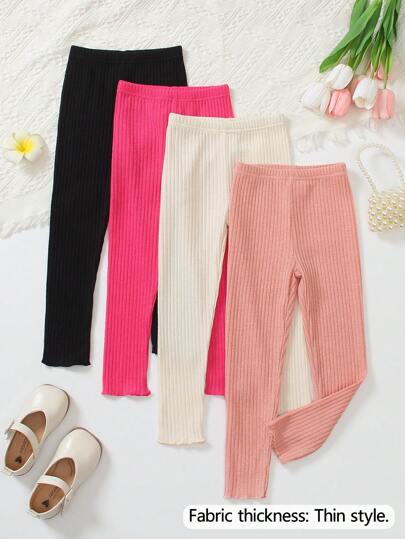 4 piezas Leggings de punto acanalado de unicolor casuales para niñas jóvenes