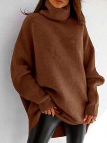 Womens Turtleneck Oversized Sweater Batwing Chunky Pullover Sweater Casual Fall Loose Knit Jumper Top - 棕色 - 查看 4