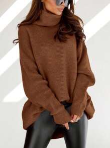 Womens Turtleneck Oversized Sweater Batwing Chunky Pullover Sweater Casual Fall Loose Knit Jumper Top - 棕色 - 查看 2