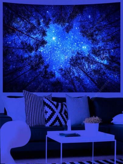 Starry Night Sky View From The Treetops UV Reactive Tapestry Wall Hanging For Art Mystic Hippie Room Decor Aesthetic Mandala Yoga Mat Picnic Carpet Ceiling Decor