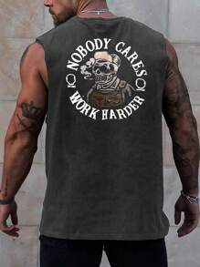 Men's Casual Slogan Skull Print Round Neck Vest