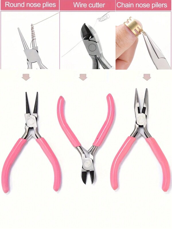 1/3 Stück Rosa Schmuckherstellung Zangensatz - Ergonomisch, geschmiedete Stahlwerkzeuge für Perlen, Basteln und Armbänder - beinhaltet Drahtschere, Flachzange und Rundkneifzange