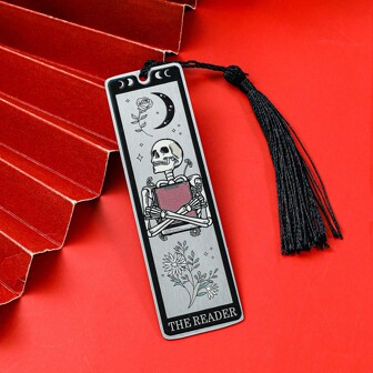 Nytt roligt och elegant bokmärke med tofs i rostfritt stål med dödskallemönster, perfekt present till bokälskare, vänner och vänner, perfekt för festivaler, skolmaterial, skolstart