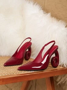 女士时尚百搭、户外/通勤、粗高跟、不对称鞋跟、后系带、封闭式露跟、尖头酒红色漆皮凉鞋 - 酒紅色 - 查看 5