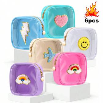 6PCS Preppy Patch Cosmetic Bag, Mini Clear Display Bag, Cute Cosmetic Bag With Zipper, Nylon Pouch, Mini Square Travel Bag, Women's Wallet, Adorable 6 Boho Vibes
