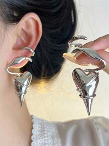 1 对女士时尚不对称几何线条环绕心形设计耳钉，派对珠宝礼物 - 金色 - 查看 6