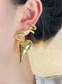 1 对女士时尚不对称几何线条环绕心形设计耳钉，派对珠宝礼物 - 金色 - 查看 5