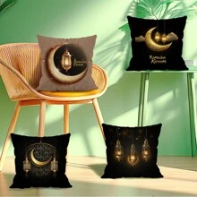 4pcs Ramadan Golden Moon And Lantern Printed Cushion Cover Set, 45*45cm Single-Sided - Multicolor - View 5