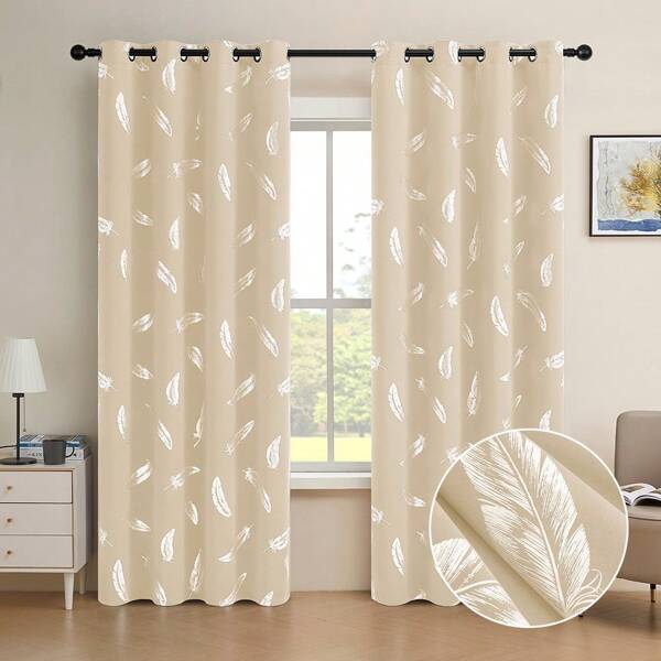 ستارة معتمة مطبوع عليها ريش فضي، عازلة للحرارة من طبقتين مع حلقات، مناسبة لغرفة النوم/غرفة المعيشة، ديكور المنزل، حماية من الأشعة فوق البنفسجية