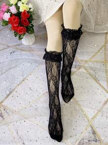1pair White Lace Flower Pattern Mid-Calf Socks With Lovely Hollow Out & Mesh Design For School Party - Multicolor - View 6