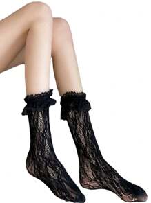 1pair White Lace Flower Pattern Mid-Calf Socks With Lovely Hollow Out & Mesh Design For School Party - Multicolor - View 7