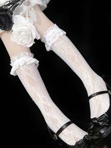 1pair White Lace Flower Pattern Mid-Calf Socks With Lovely Hollow Out & Mesh Design For School Party - Multicolor - View 4
