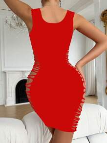 Openwork Spaghetti Strap Bodycon Lingerie Dress For Going Out - Red - View 5