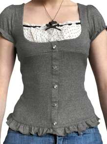Women Knitting Shirt, Short Sleeves Square Neck Knitting Buttons Dot Print Casual Party Street Ruffled Tops - Grey - View 2