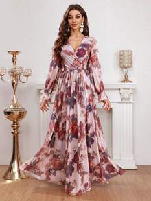 女士花卉印花裹领连衣裙 - 彩色 - 查看 3