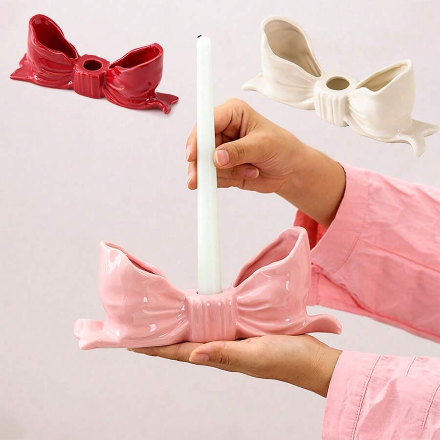 1pc Handmade Nordic Style Asymmetrical Ceramic Bow Candle Holder, High-Quality Home Decor Item, Suitable For Holidays, Parties, Gifts And Blessings