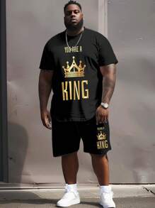 Men Plus Size T-Shirt Street Casual You Are A King Text Print & Shorts