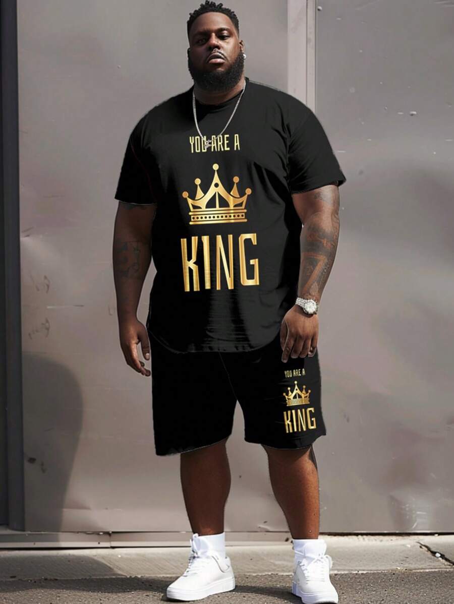 Men Plus Size T-Shirt Street Casual You Are A King Text Print & Shorts