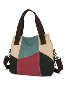 1 Piece Color Block Stitching High Quality Canvas Shoulder Bag Casual Retro Hobo Bag Detachable Shoulder Strap Crossbody Bag Perfect For Women Teacher's Day Gift, Best Teacher Appreciation Gift - Red - View 1