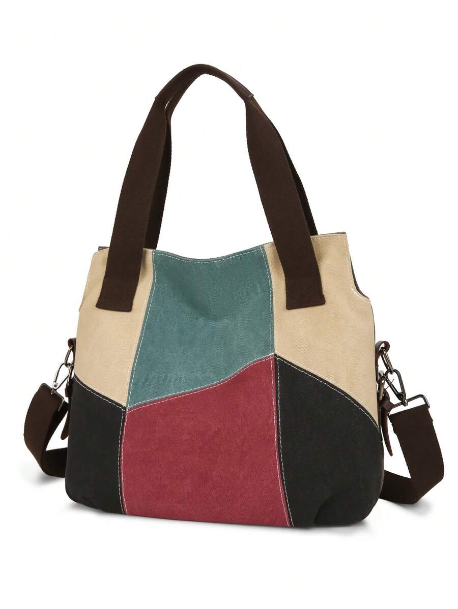 1 Piece Color Block Stitching High Quality Canvas Shoulder Bag Casual Retro Hobo Bag Detachable Shoulder Strap Crossbody Bag Perfect For Women Teacher's Day Gift, Best Teacher Appreciation Gift - Red - View 1