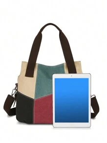 1 Piece Color Block Stitching High Quality Canvas Shoulder Bag Casual Retro Hobo Bag Detachable Shoulder Strap Crossbody Bag Perfect For Women Teacher's Day Gift, Best Teacher Appreciation Gift - Red - View 5