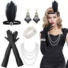 7pcs 1920s Style Accessory Set For Women, Flapper Party/Festival Costume Headpiece, Earrings, Bracelet, Necklace, Gloves, Party Decorations Prom - A - View 5