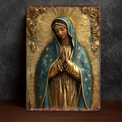 1 pieza Cartel de metal con estilo vintage de la Virgen María - Decoración del hogar católica, arte de pared de estilo granja, placa decorativa cristiana de regalo, 8"X12" de aluminio, para colgar en la pared, regalo de cumpleaños/graduación con tema del hogar