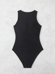 Summer Women's One-Piece Racing Swimsuit, With Zipper, High Elasticity Nylon Material, Solid Color, Round Neck, With Removable Bra Cup, Sporty Style, Suitable For Competitive Swimming And Training - Black - View 6