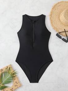 Summer Women's One-Piece Racing Swimsuit, With Zipper, High Elasticity Nylon Material, Solid Color, Round Neck, With Removable Bra Cup, Sporty Style, Suitable For Competitive Swimming And Training - Black - View 5