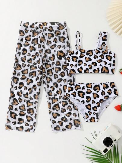 3pcs/Set Young Girl' Sports & Swimming Heart Graphic Print Swimwear, Spring/Summer