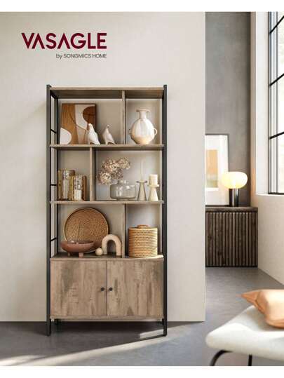 VASAGLE Bookshelf, Storage Shelf, Large Bookcase With Doors, 4 Shelves, Stable Steel Structure, Industrial Style, For Living Room, Office, Toasted Oak Colour And Black