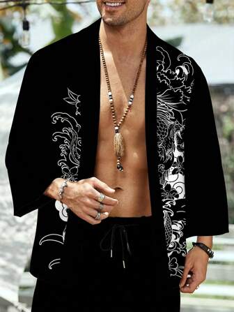 Retro Minimalist Japanese Style Unisex Phoenix Printed Loose Kimono Shirt, Vintage Chinese Casual Outerwear, Lightweight Summer Beach Street Casual Tops