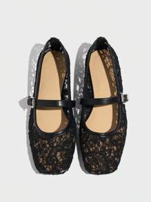 Women's Ballet Flats Summer Breathable Embroidery Lace Mesh Square Toe Mary Jane Black Flat Shoes - Black - View 5