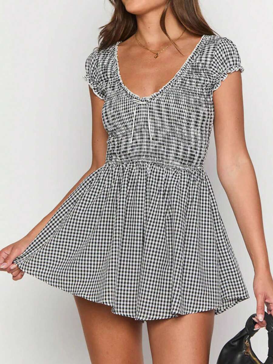 Womens V Neck Frill Shirred Romper Short Sleeve Wide Leg Flowy Playsuit Short Jumpsuit With Pockets - màu đen - Xem 1