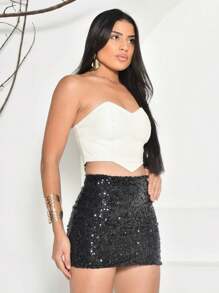 Women's Silver Sequin Skirt Short Tight Tube High Waist Shiny Women's Clothing Fashion Blogger Party Night Out Carnival - 黑色 - 查看 3