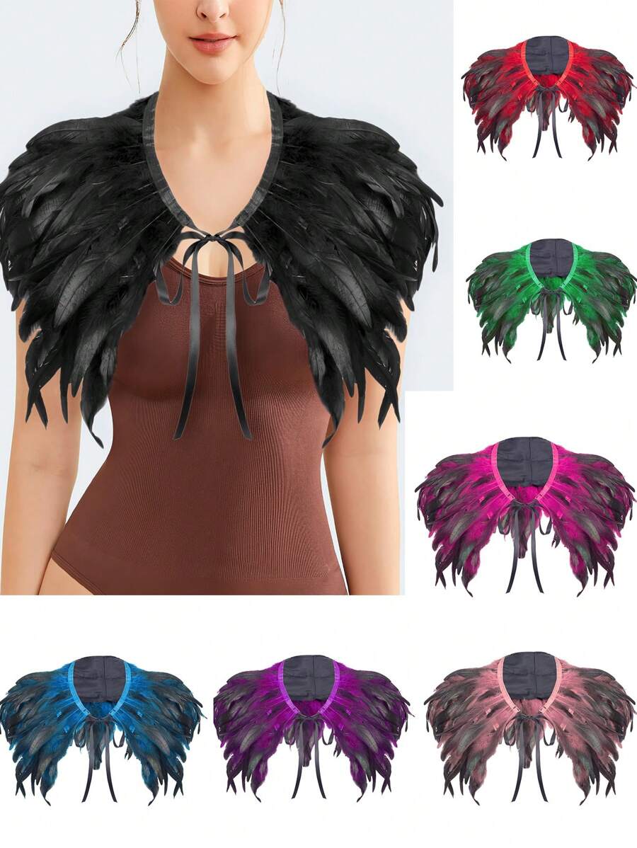 Women's Artificial Feather Shrug Cape Lace Shawl Collar Witch Cosplay Costumes For Halloween Carnival