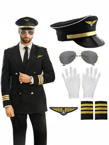 5pcs Pilot Costume Accessory Set Includes Pilot Cap, Epaulettes, Tie, Fashion Glasses And Badge, Aviator Uniform Costume Accessories For Role Play And Party Decoration - Multicolor - View 9